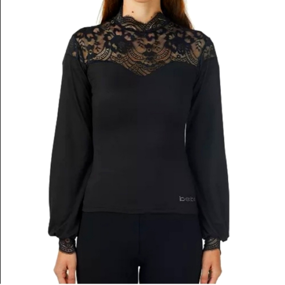 Bebe lace mockneck top with rhinestone logo